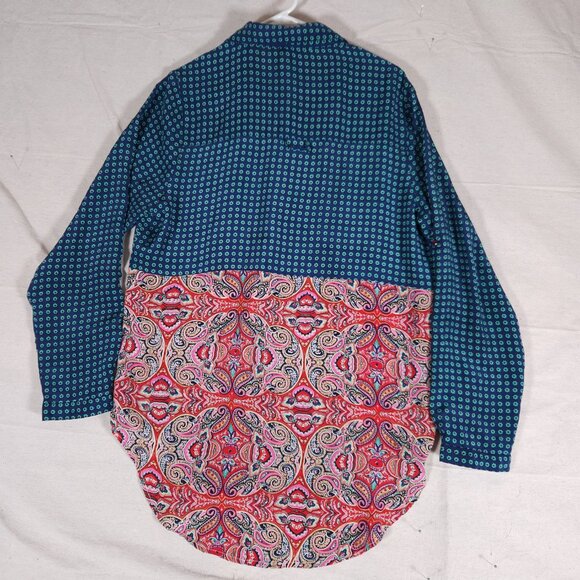 Tolani 100% Silk Button Tunic Womens Large Paisley Boho Roll Tab Sleeve FLAWS - Picture 2 of 16